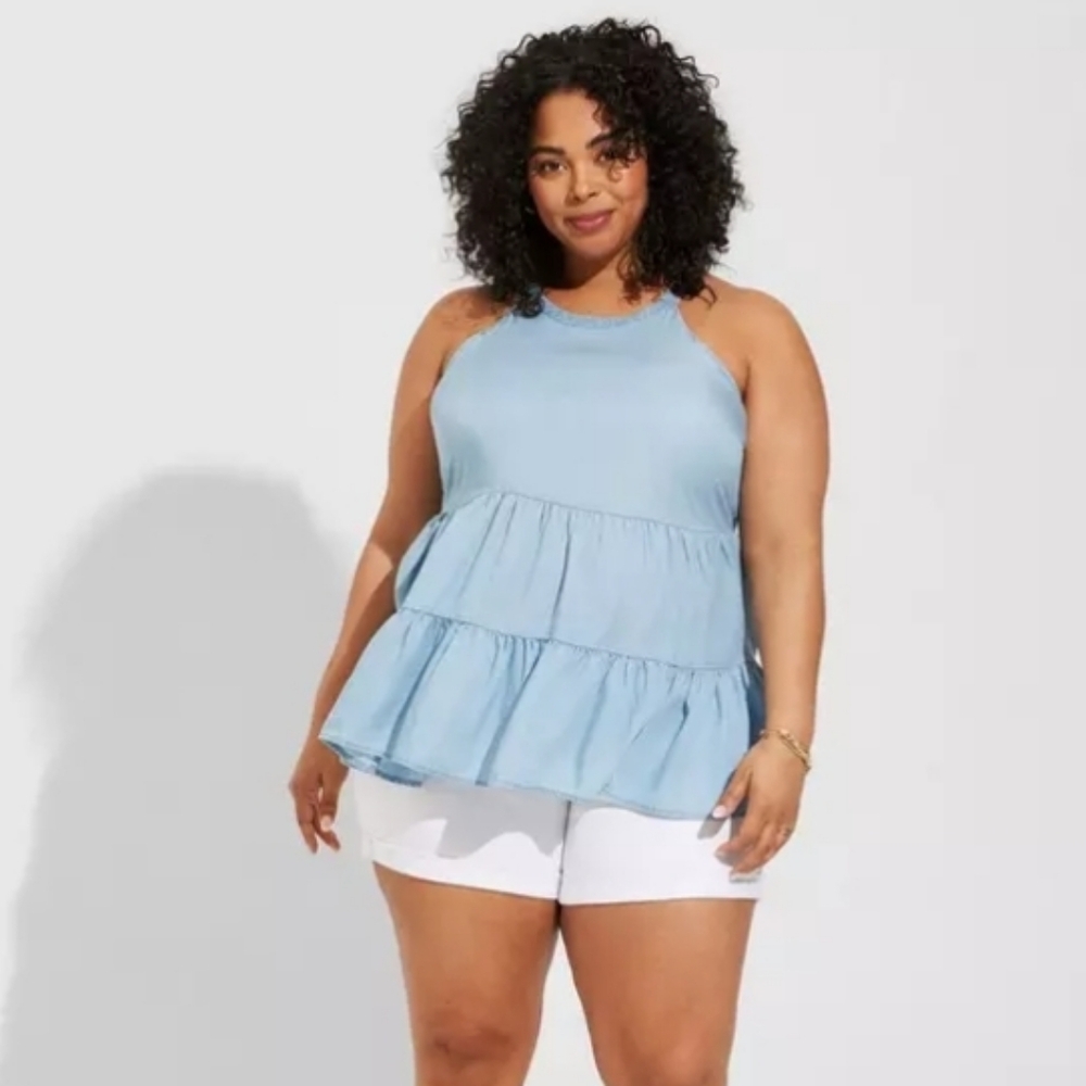 Torrid Chambray Halter Neck Tiered Top
